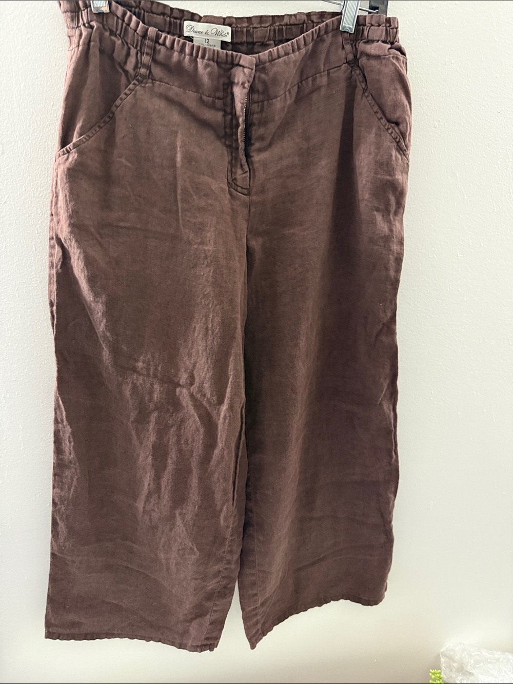 Wide Leg Linen Trouser Pants - Flowy Airy Comfy Summer Beasxh Vibe Brown size 12